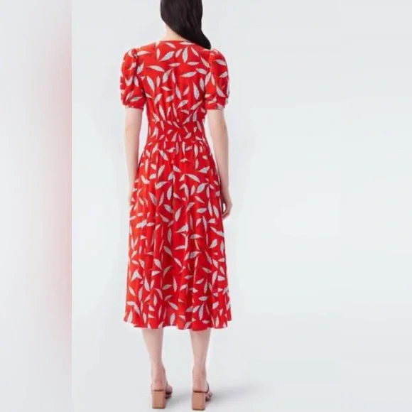 Diane Von Furstenberg Cordelia Vibrant Red Midi Dress with White Pattern - Picture 2 of 9